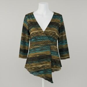 Dressbarn XL‎ V-Neck Blouse Sheer Sleeves Brown Blue Stripe Stretchy Officewear